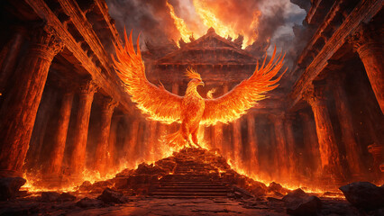 Fire phoenix reborn from the ash in an ancient temple.
 - obrazy, fototapety, plakaty