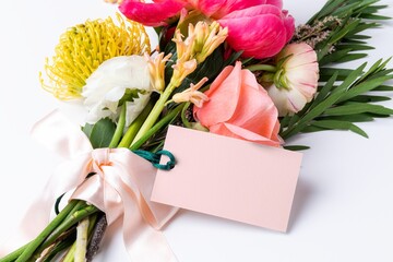 Flower bouquet, blank pink gift label design