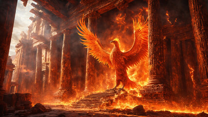 Ancient mythology. Fire phoenix reborn from the ash.