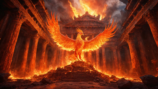Ancient mythology. Fire phoenix reborn from the ash.