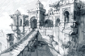 A medieval castle with intricate architecture overlooking a lush valley in a fantasy landscape during twilight