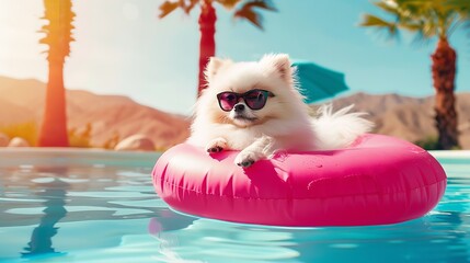 In a resort swimming pool over an idyllic day with a backdrop of tropical foliages, a white Pomeranian puppy sporting sunglasses resides over an inflatable ring and space, Generative AI.