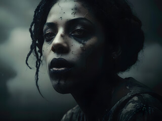 a black and white photo of a woman with black eyes and a black background