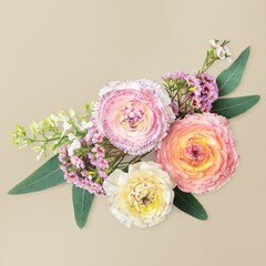 Pink flower bouquet, beige background