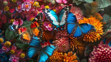 Three butterflies are flying around a colorful flower garden