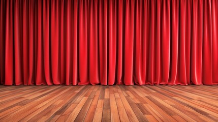 A red curtain hangs in front of a wooden floor