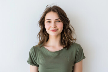 portrait of smiling woman with brown hair, wearing a green tshirt on a white background, looking at the camera in a half body shot