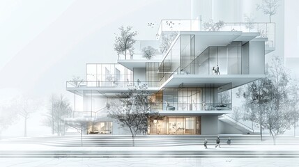 A white building with a lot of windows and a staircase