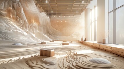 A large room with a lot of white walls and a lot of sand