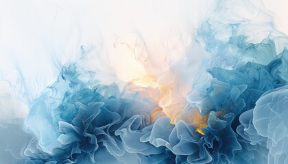 Abstract concepts, canvas, soft art, contrast of geode dark blue, light blue ,long colors to the right elongating upward like a long lily flower split, with a soft gold flame at the top, white backgro