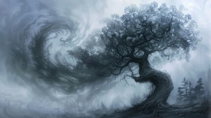 Enigmatic Misty Forest with Swirling Whimsical Tree