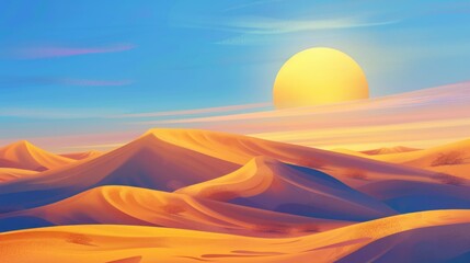 Vibrant Sunset Over Golden Sand Dunes in Desert Landscape