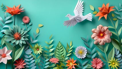 Fototapeta premium Colorful paper art scene with flying dove flowers teal background. Concept Paper Art, Colorful Scene, Flying Dove, Flower Teal Background