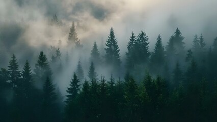 Enigmatic foggy forest at sunrise with closeup of mighty pine trees . Concept Enigmatic Forest, Foggy Sunrise, Mighty Pine Trees, Nature Photography, Closeup Captures