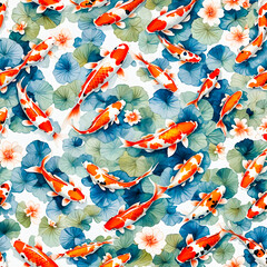 Wallpaper, many beautiful koi fish. on a white background,..created from ai