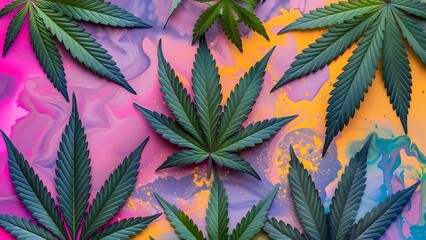 Vibrant cannabis leaves on colorful psychedelic background for 420 celebration. Concept 420 Celebration, Cannabis Leaves, Psychedelic Background, Vibrant Colors