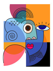  Colorful abstract face portrait cubism art style, decorative, line art hand drawn vector illustration. Aesthetic design for wall art, decoration, poster,card and cover.