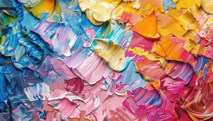 Fragment of multicolored texture painting. Abstract art background. oil on canvas. Rough brushstrokes of paint. Closeup of a painting by oil and palette knife. Highly-textured