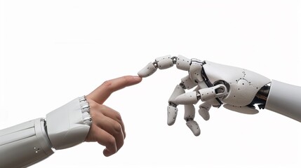 Detailed shot of a robotic and human hand interlocking fingers