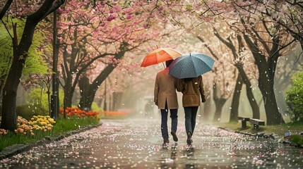 Una pareja camina bajo paraguas en un camino lleno de pétalos de cerezo, rodeados de árboles en flor y lluvia suave - obrazy, fototapety, plakaty