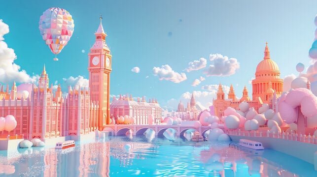 A high-resolution 3D claymation scene of London, featuring pastel colors and bright blue skies with cotton wool clouds
