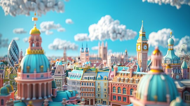 A high-resolution 3D claymation scene of London, featuring pastel colors and bright blue skies with cotton wool clouds