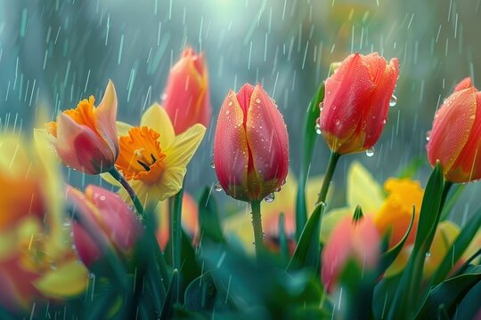 Tulipanes y narcisos cubiertos de gotas de lluvia brillan bajo la luz suave en un vibrante jard&iacute;n de primavera