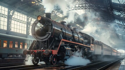 Obraz premium A railway station with a large steam locomotive