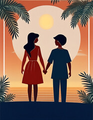 Greeting Card Design with image of Mother and Daughter on the beach. Mother's Day Card. Copy space.