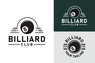 Billiard Club Sports Design with Black Ball number 8. Vintage Retro on light and dark background
