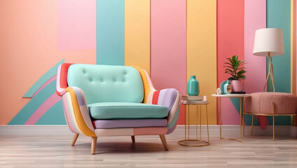 A multi-colored striped wall is behind a pink and blue striped armchair. There is a pink pillow on the chair.