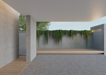 A large, empty room with a grey wall and a green plant growing on it. The room is bare and empty, with no furniture or decorations.3d render