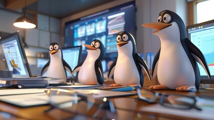 Animated 3D image of a group of penguin characters (3-4) representing a restaurant marketing team