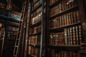 Antique library with towering wooden shelves filled with ancient books, mysterious and enchanting