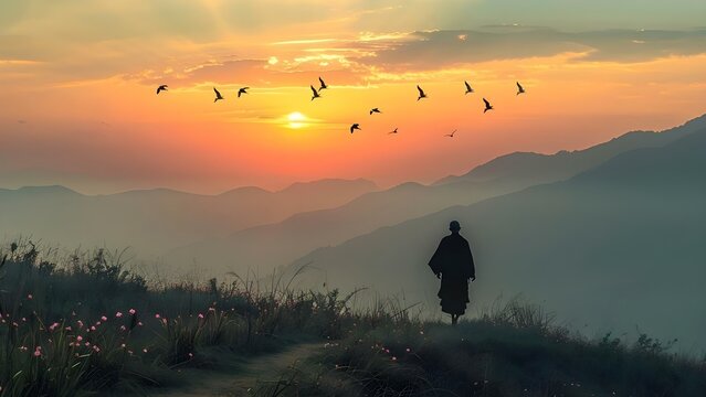 Geese fly in sky as monk walks in distant mountains at sunrise. Concept Nature, Wildlife, Landscape, Sunrise, Serenity