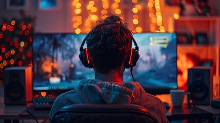 Obraz premium Pro gamer streaming setup, vibrant screen colors, eye-level, live broadcast 