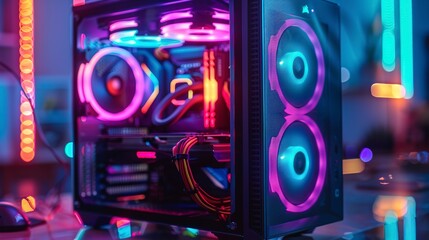 Custom gaming PC build, neon case lights, low angle, performance art 