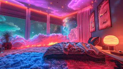 A bedroom ceiling transformed into a psychedelic dreamscape with graffiti art, lit by LED stars, casting a magical glow onto the fluffy, colorful rug below.