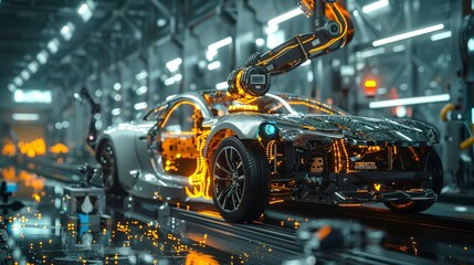 Fototapeta premium Car manufacturing robot arm, intense factory light, side angle, precision assembly