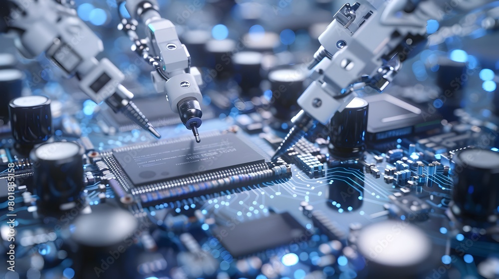 Poster robotic arms assembling high tech electronic components in a futuristic factory setting