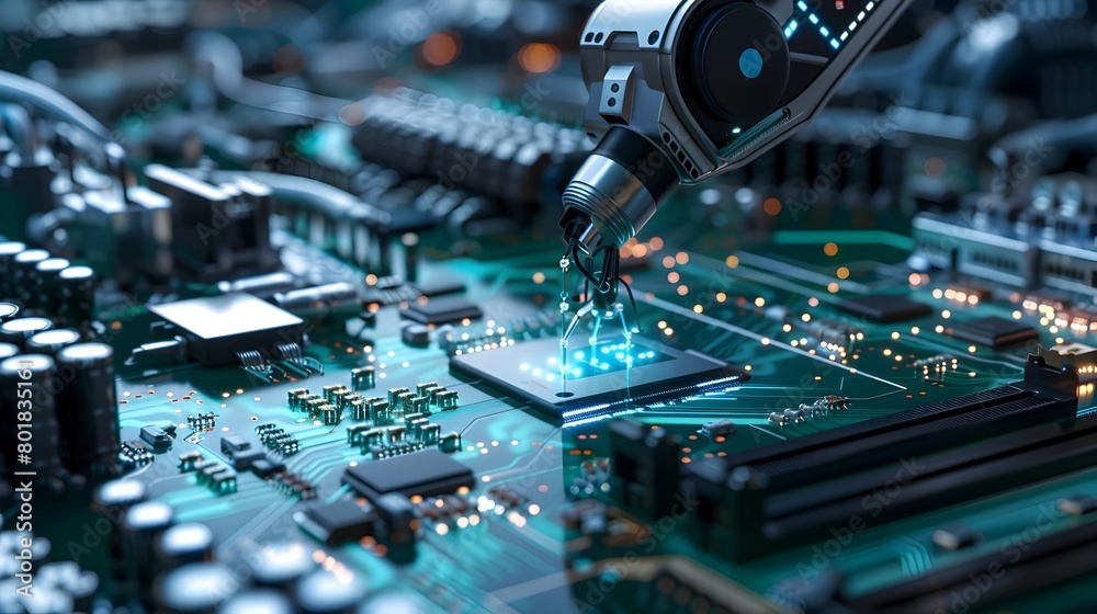 Poster closeup view of a high tech computer circuit board with soldered components