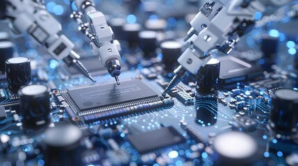 Robotic Arms Assembling High Tech Electronic Components in a Futuristic Factory Setting