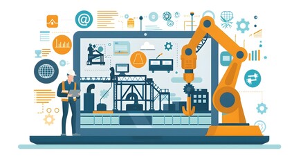 Robotic Arm and Digital Analytics in Futuristic Industrial Workspace