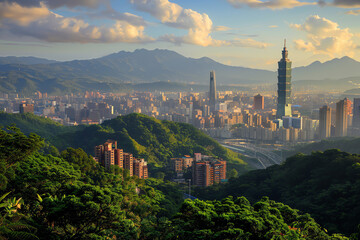 Fototapeta premium View of a city skyline with greenery in the foreground and mountains in the background at sunset