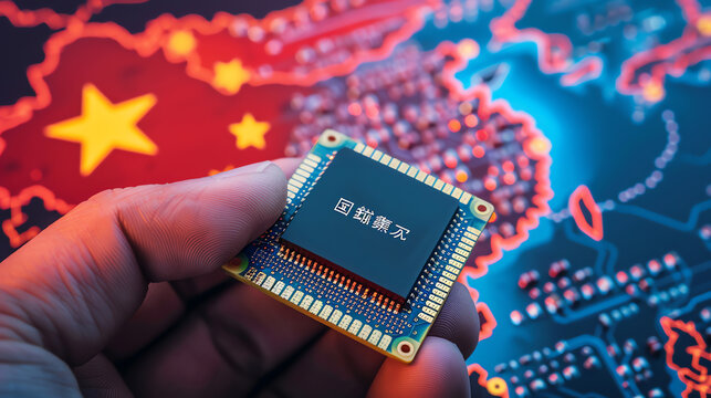 A hand holding a microchip above a digital map highlighting China