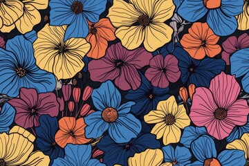 Seamless botanical garden. Handcrafted flowers for fabric design