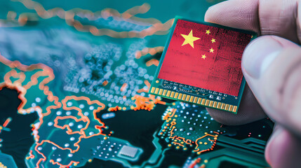 Processor chip featuring the Chinese flag held above a digital circuit board representing technology advancements