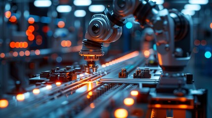 Fototapeta premium Robotic arm assembly line, bright factory light, close-up, automation in action 