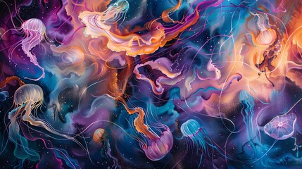 Capture an ethereal scene of jellyfish swirling in hypnotic patterns, melding surrealism and aquatic life in a colorful watercolor swirl, viewed from below