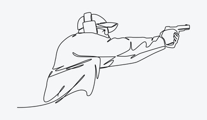 Naklejka premium Continuous one line drawing of man holding a gun and firing a shot. Adult men wear hats and earmuffs. shooting practice, competition, sports, shooting club. editable stroke. vector illustration.